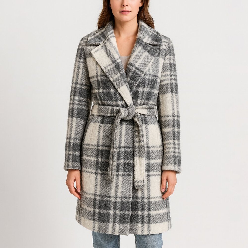 Wren New York Plaid Sherpa Overcoat Grey Cream Size Large